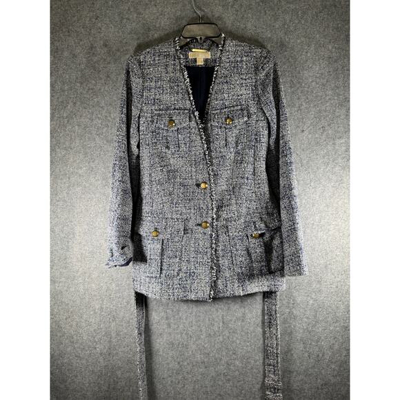 Michael Kors Jackets‎ Women 2 Blue Fringe Tweed Belted Blazer Old Money Preppy - Picture 2 of 11